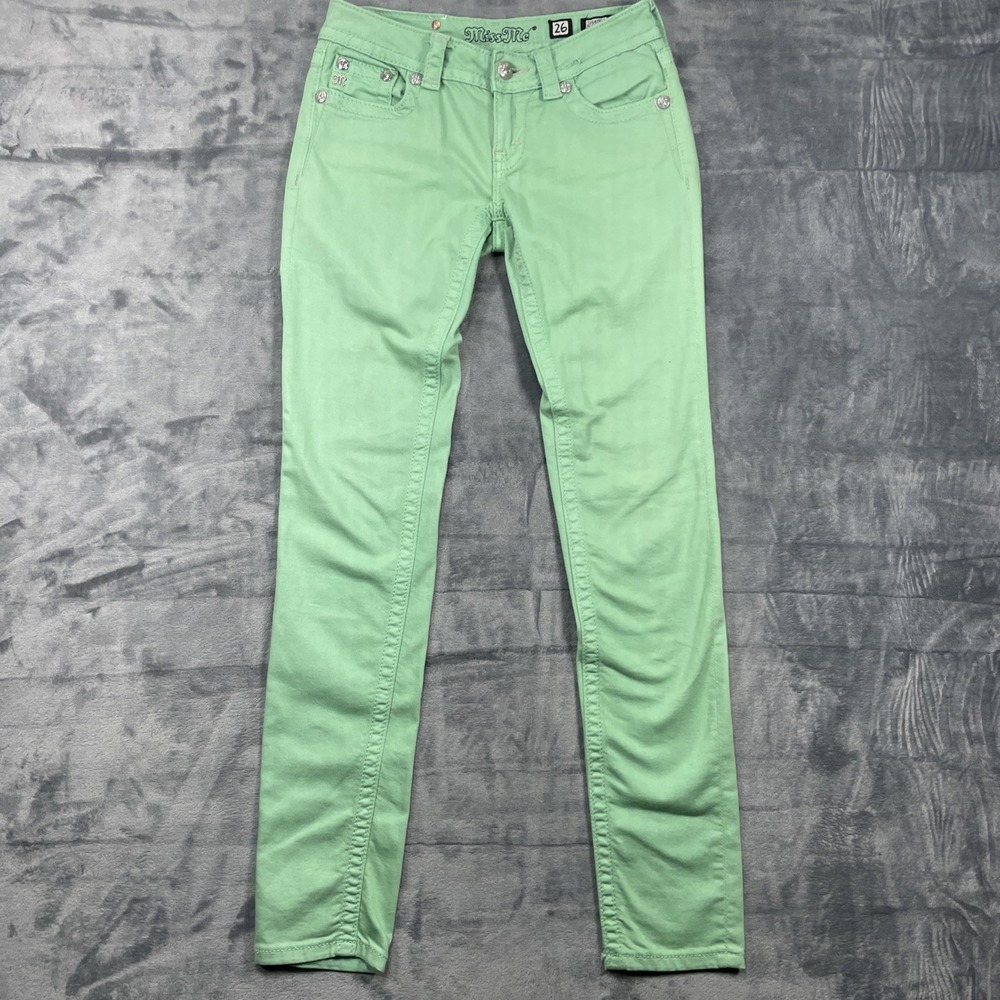 Miss Me Jeans Womens 26x32 Green Skinny Embroidered Fleur De Lis Stretch Pants